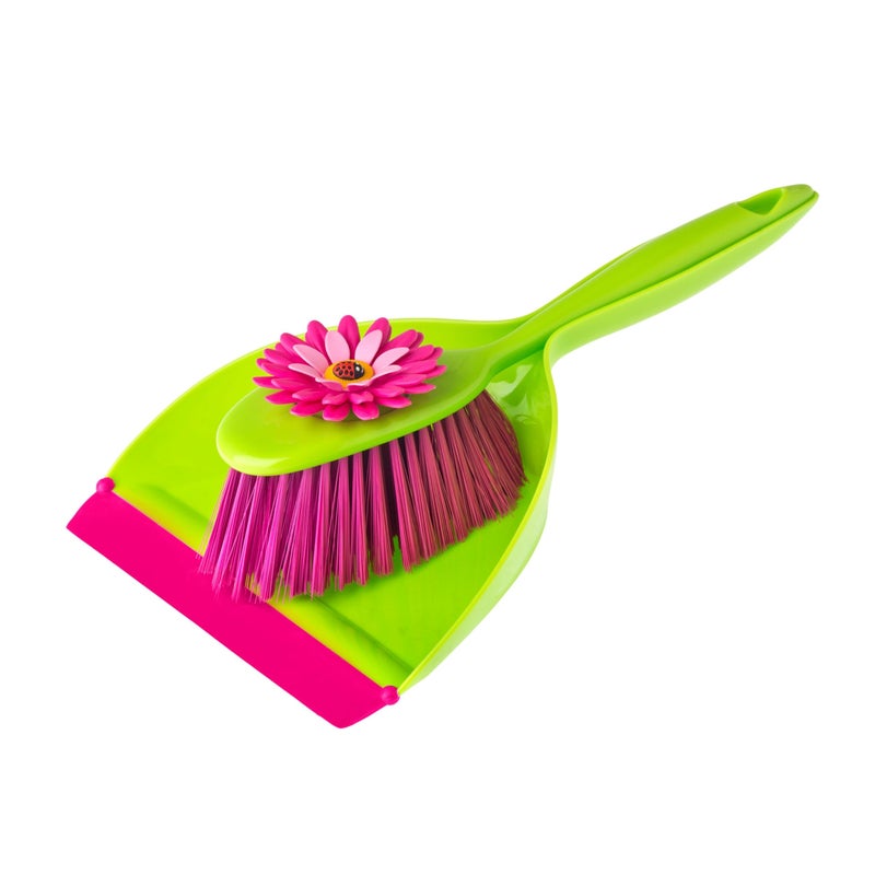 Vigar Flower Power Dust Pan and Brush Handy Set, 12-3/4-Inches, Green, Pink - Image 1